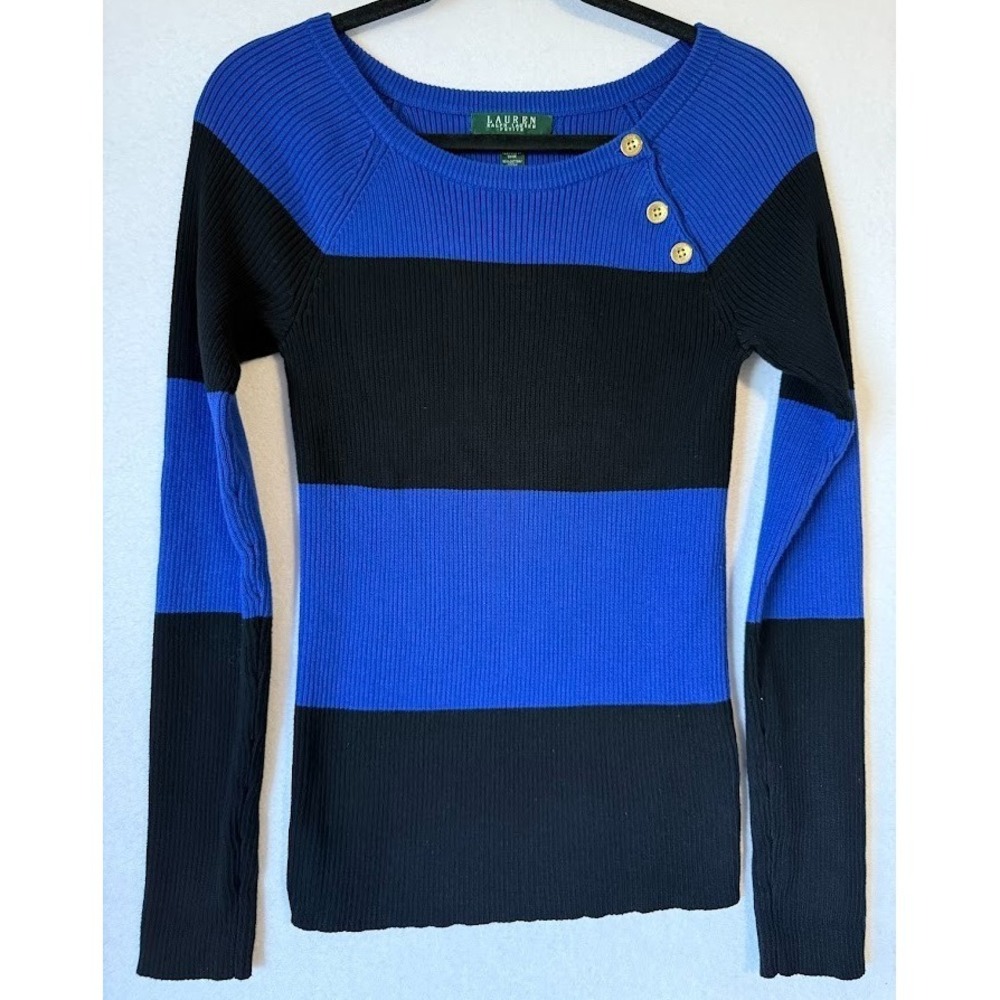 Lauren Ralph Lauren Sweater Women PM Blue Black Ribbed Button Shoulder Knit